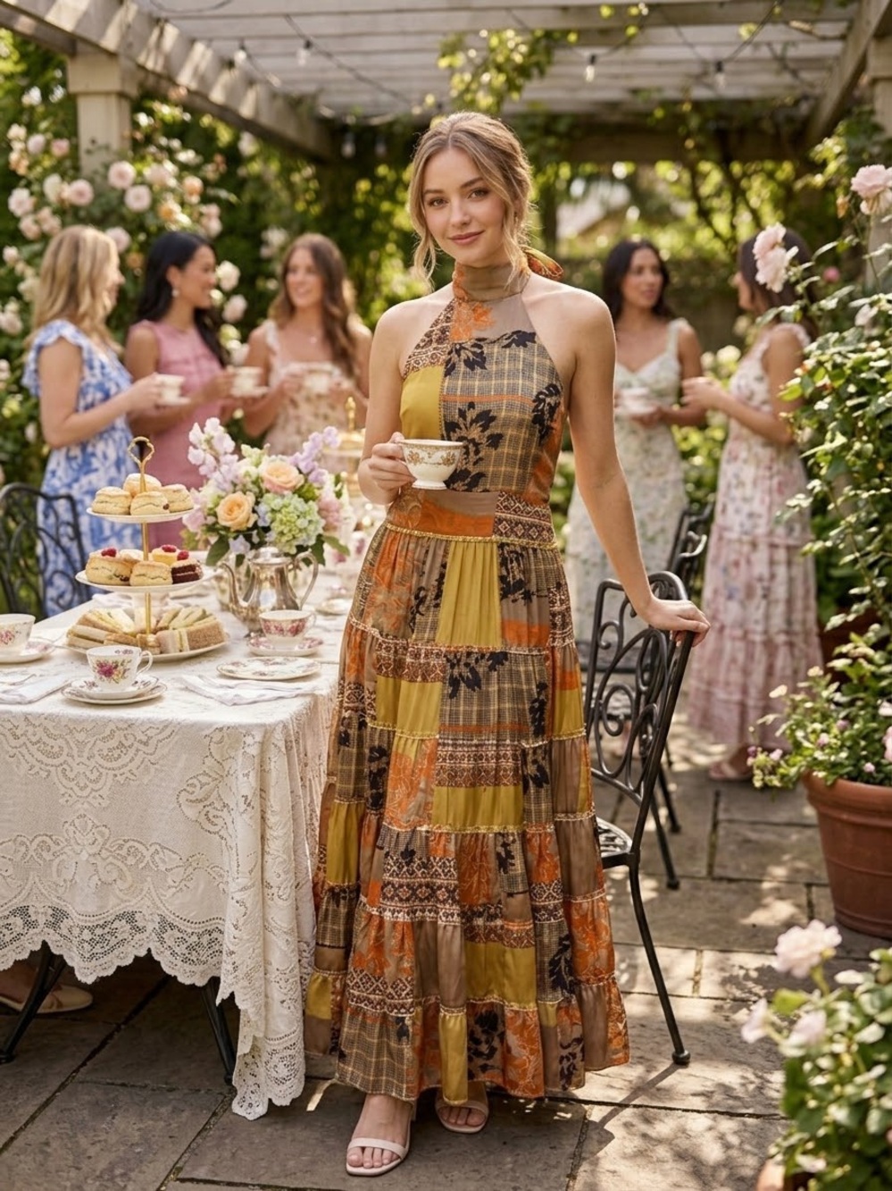 Slk Patchwork Halter Maxi Dress in gold orange and brown tones